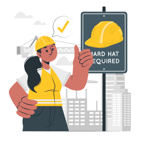 Construction worker looking at hard hat sign